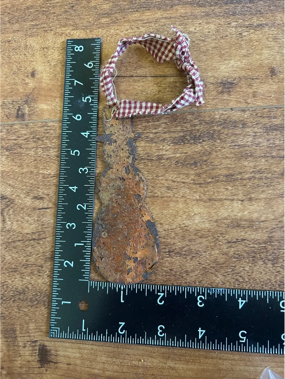 Rustic Metal Snowman Ornament with Checkered Fabric Loop